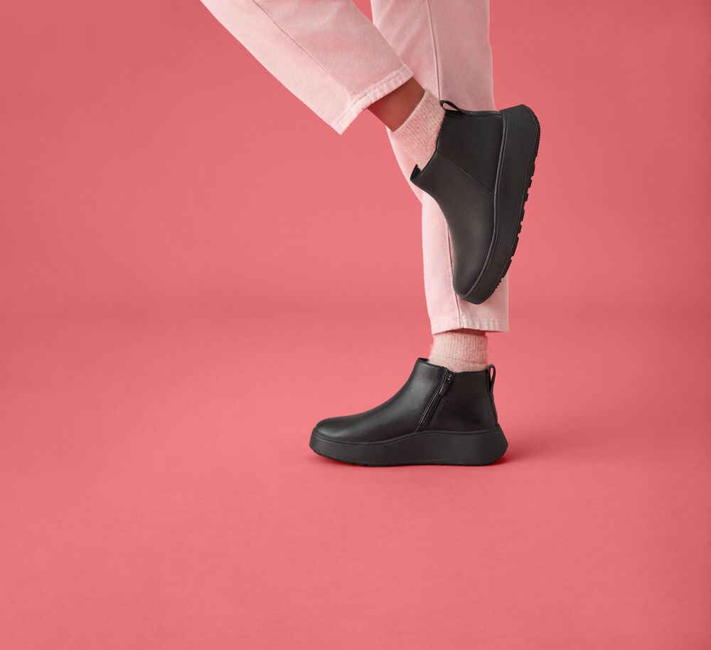 Fit-Flop F-Mode Flatform Zip Ankle Boots in Black