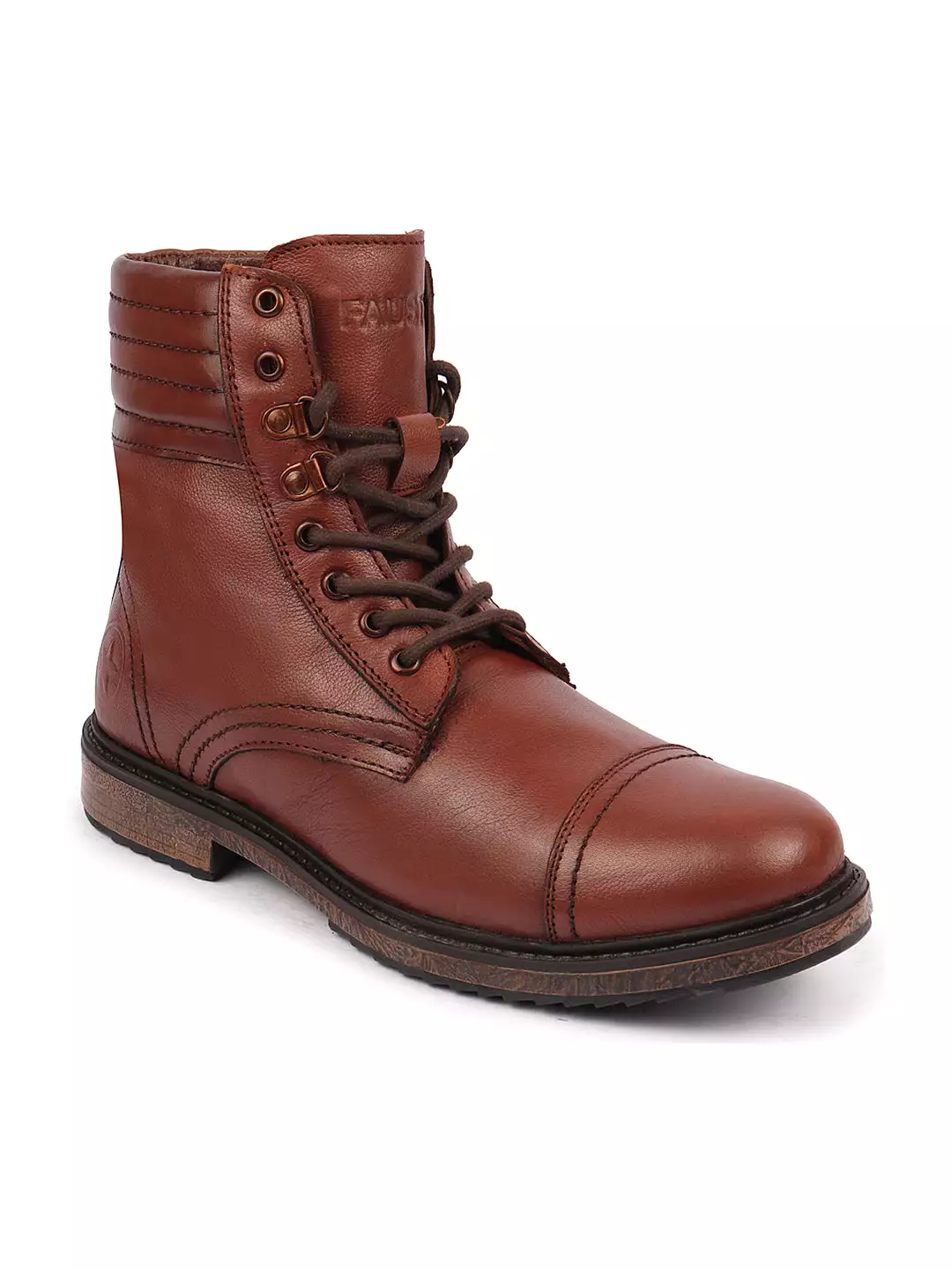 Genuine Leather High Ankle Winter Biker Boots with Cap Toe and 8-Eye Lace Up, featuring Tan color and Welted Sole