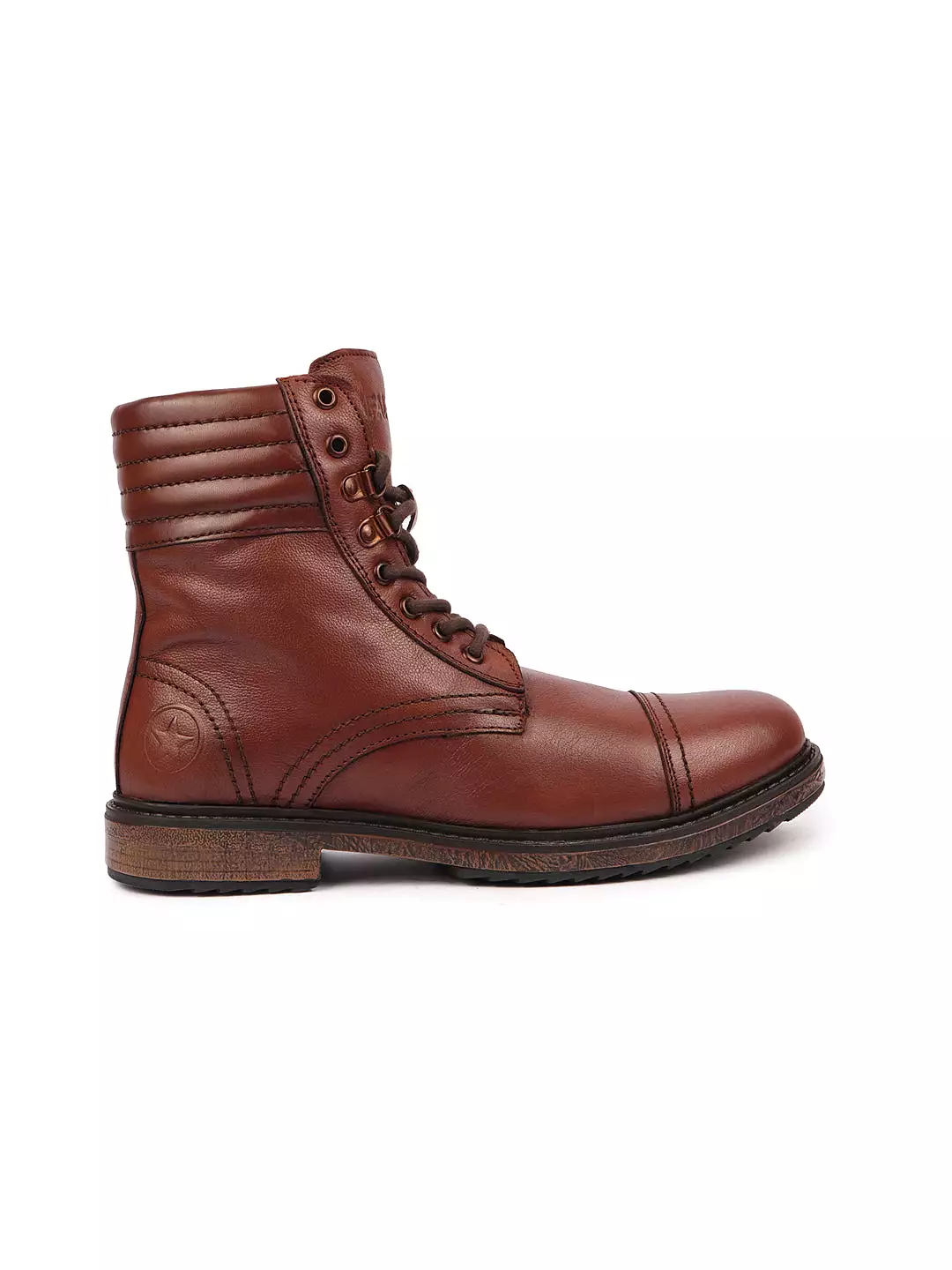 Genuine Leather High Ankle Winter Biker Boots with Cap Toe and 8-Eye Lace Up, featuring Tan color and Welted Sole