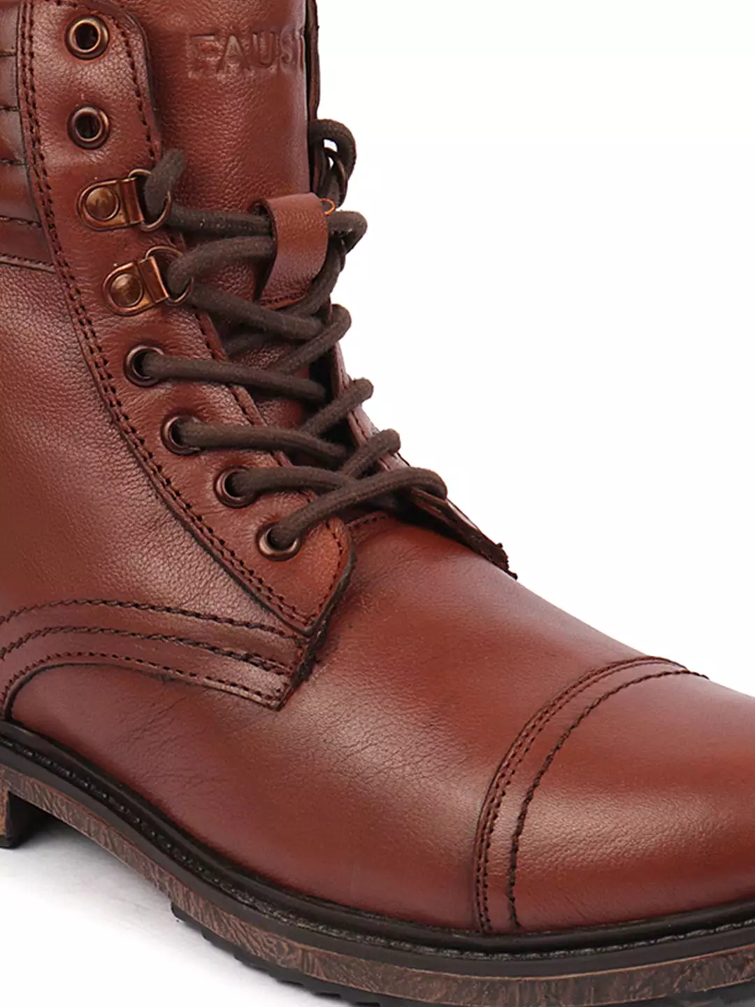 Genuine Leather High Ankle Winter Biker Boots with Cap Toe and 8-Eye Lace Up, featuring Tan color and Welted Sole