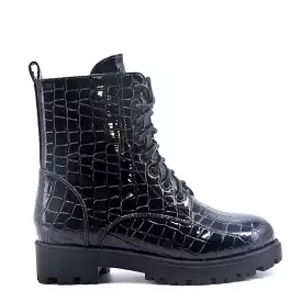 Girls Black Faux Croc Patent Ankle Boots - Inside Zip Closure, On Sale.