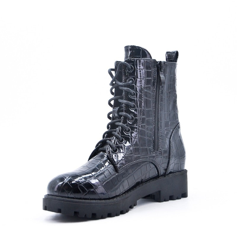 Girls Black Faux Croc Patent Ankle Boots - Inside Zip Closure, On Sale.