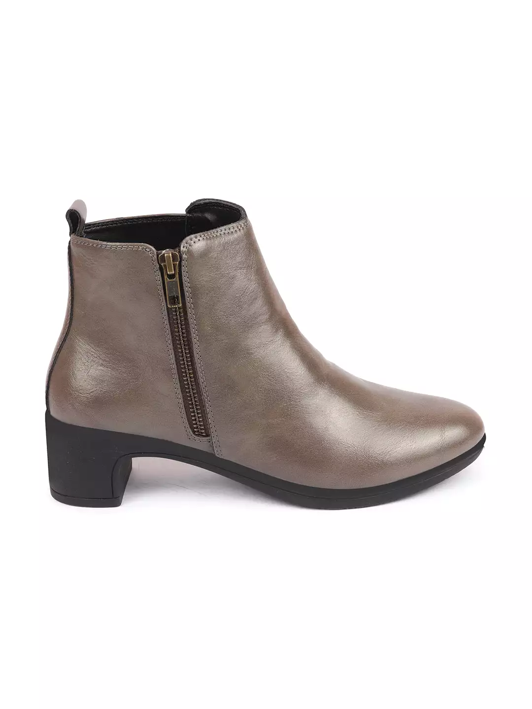 Grey Mid Top Flared Heel Side Zipper Winter Boots for Women