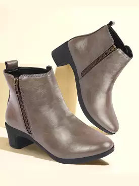 Grey Mid Top Flared Heel Side Zipper Winter Boots for Women