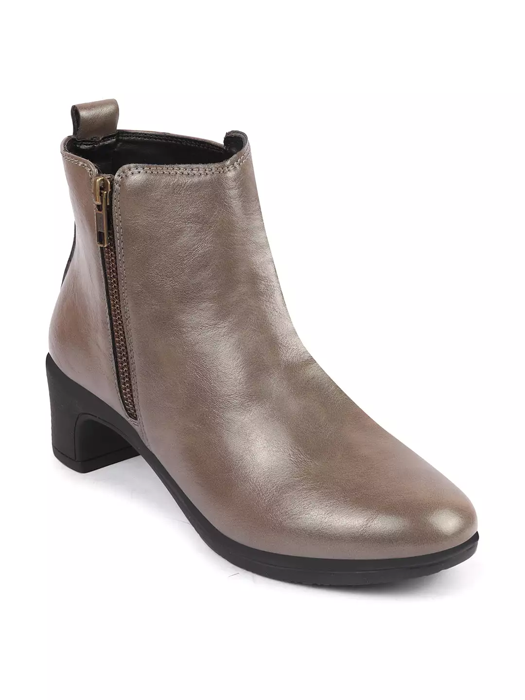 Grey Mid Top Flared Heel Side Zipper Winter Boots for Women