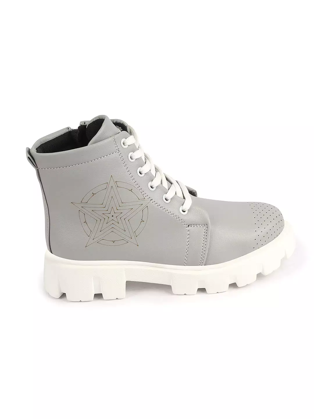 Grey winter high top chunky lace up casual boots for women.