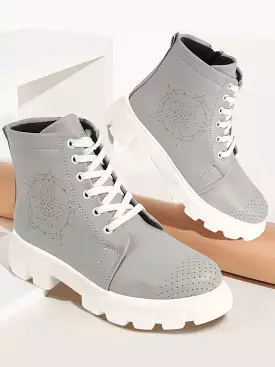 Grey winter high top chunky lace up casual boots for women.