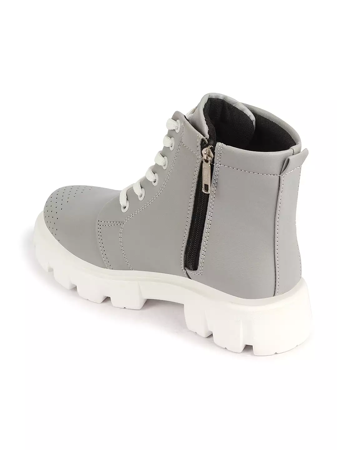 Grey winter high top chunky lace up casual boots for women.