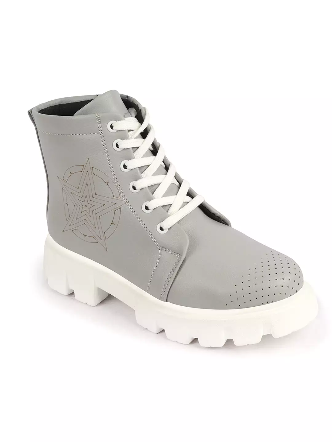 Grey winter high top chunky lace up casual boots for women.