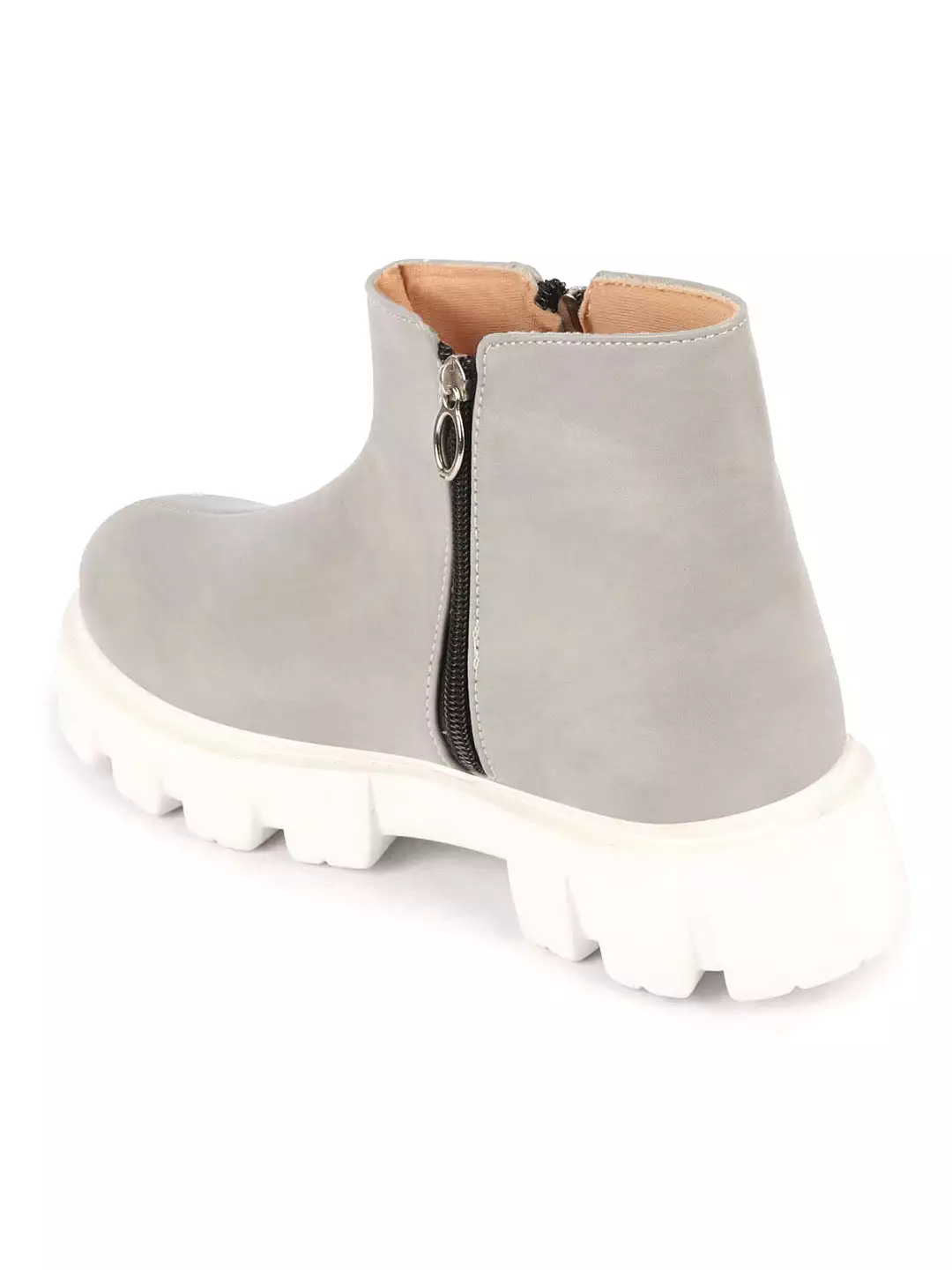 Grey Women's Outdoor High Top Chunky Side Zipper Boots for Office Work