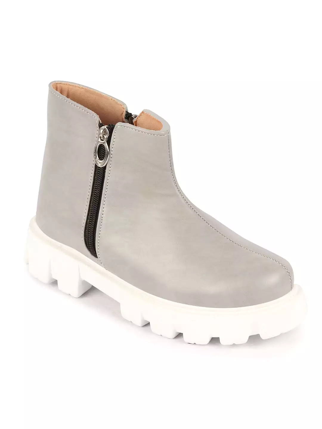 Grey Women's Outdoor High Top Chunky Side Zipper Boots for Office Work