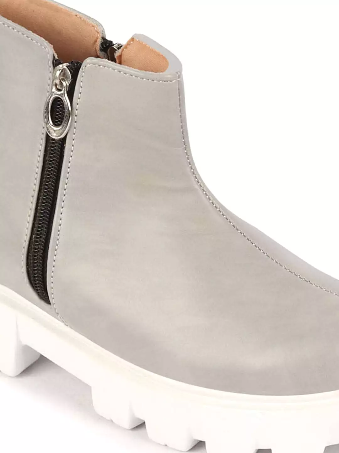 Grey Women's Outdoor High Top Chunky Side Zipper Boots for Office Work