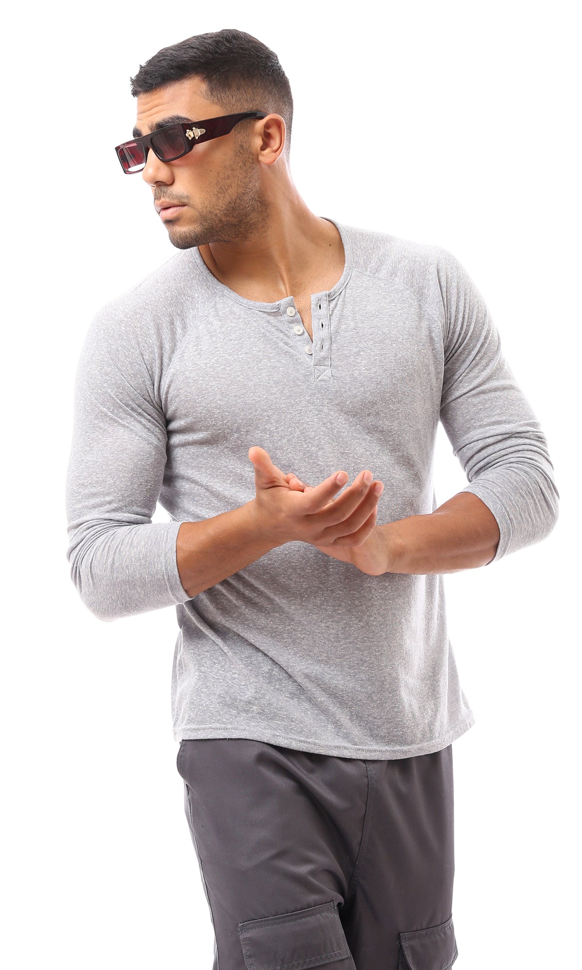 Heather Grey Buttoned Round Neck Henley Shirt