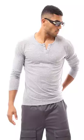 Heather Grey Buttoned Round Neck Henley Shirt