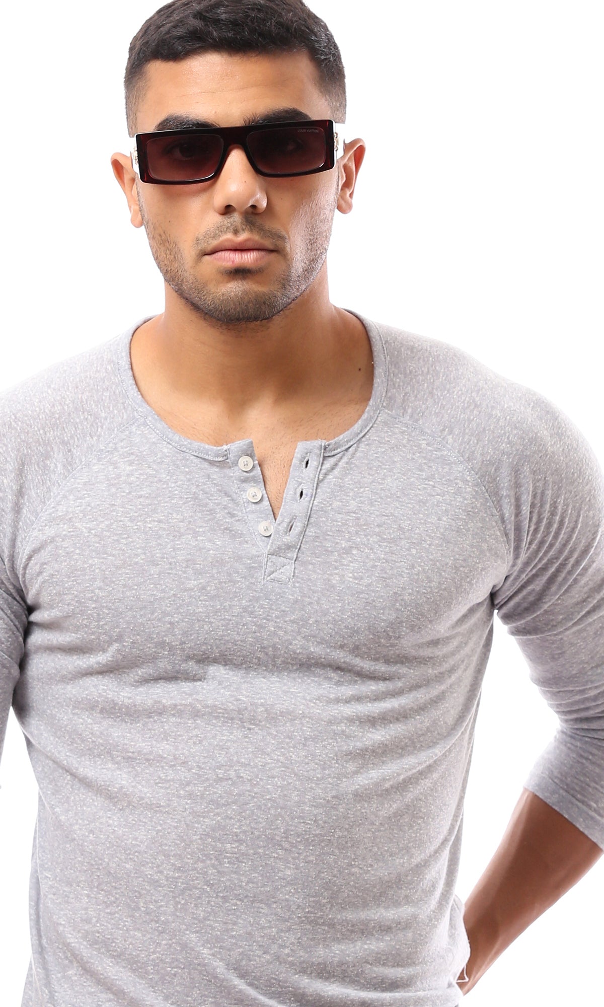 Heather Grey Buttoned Round Neck Henley Shirt