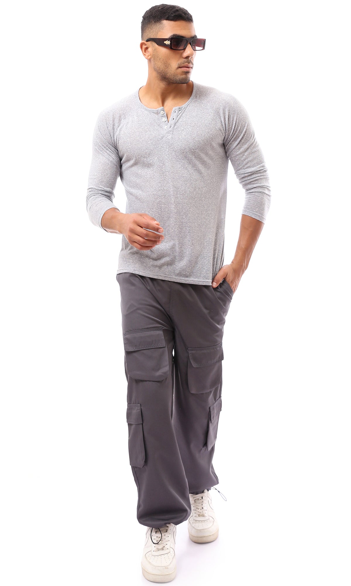 Heather Grey Buttoned Round Neck Henley Shirt