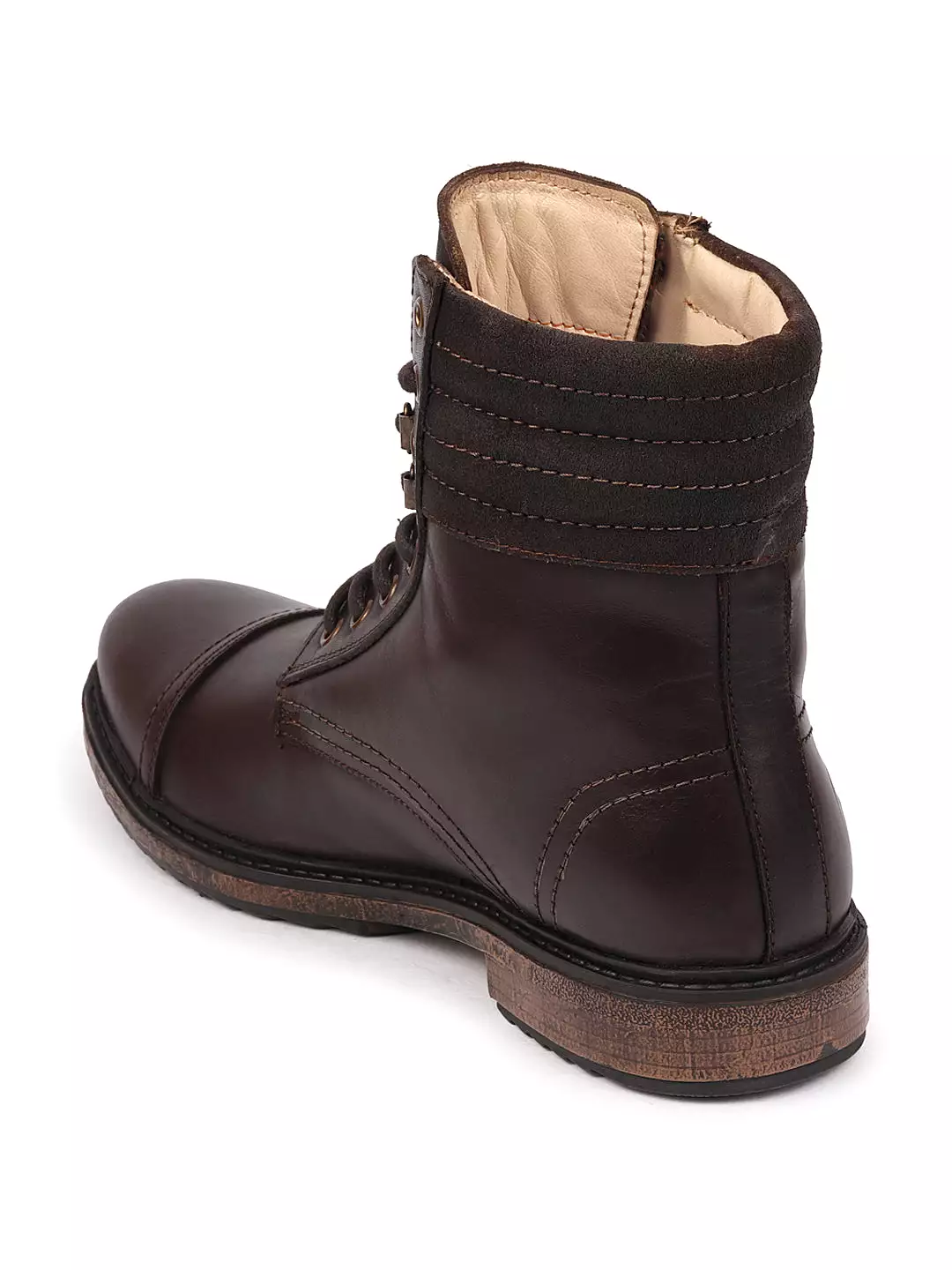 High Ankle Brown Leather Boots with Lace Up Cap Toe and Welted Sole, Perfect for Winter Biker Style