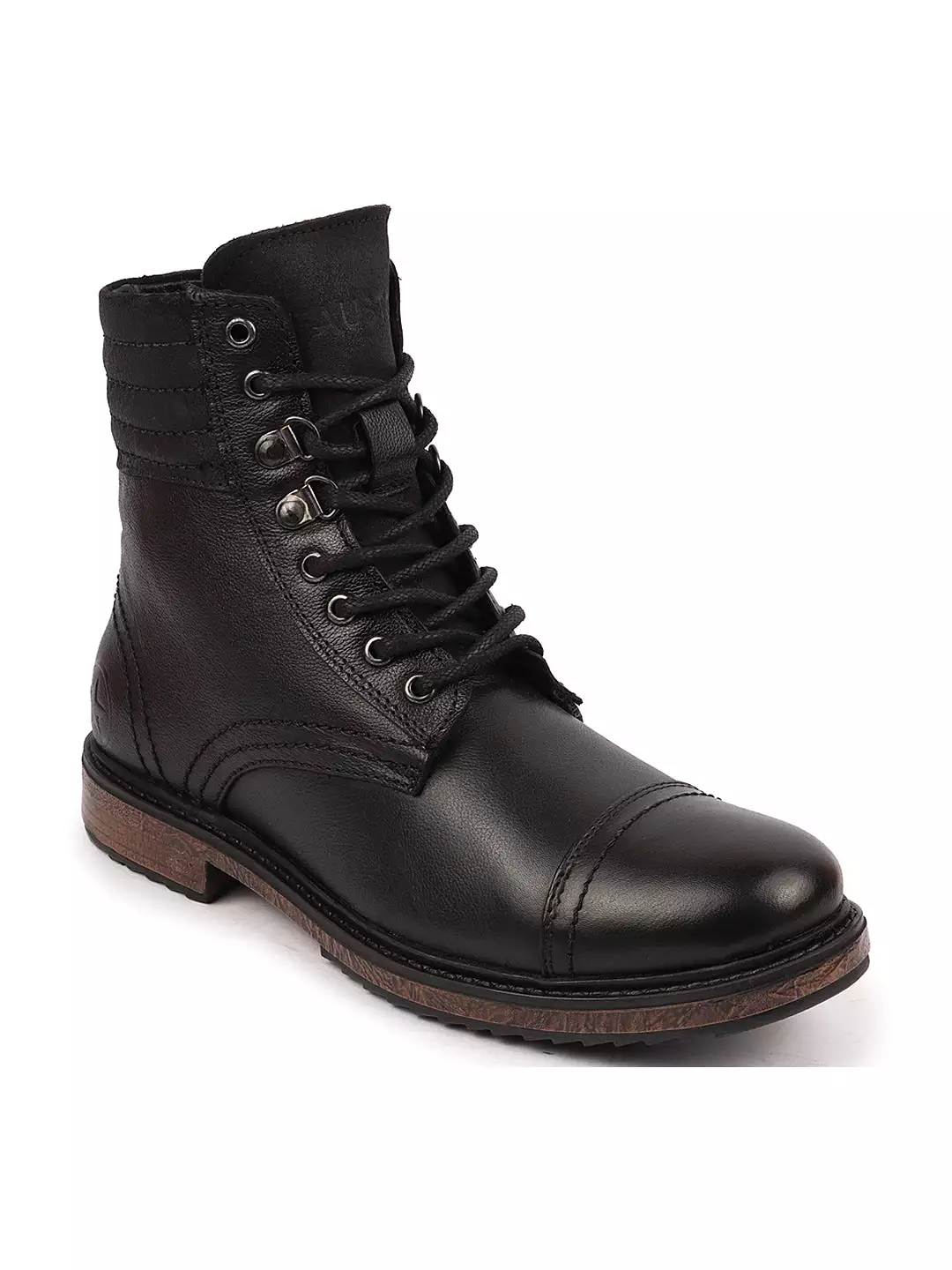 High Ankle Genuine Leather Men's Biker Boots - Black, 8-Eye Lace Up, Cap Toe, Welted Sole, Winter