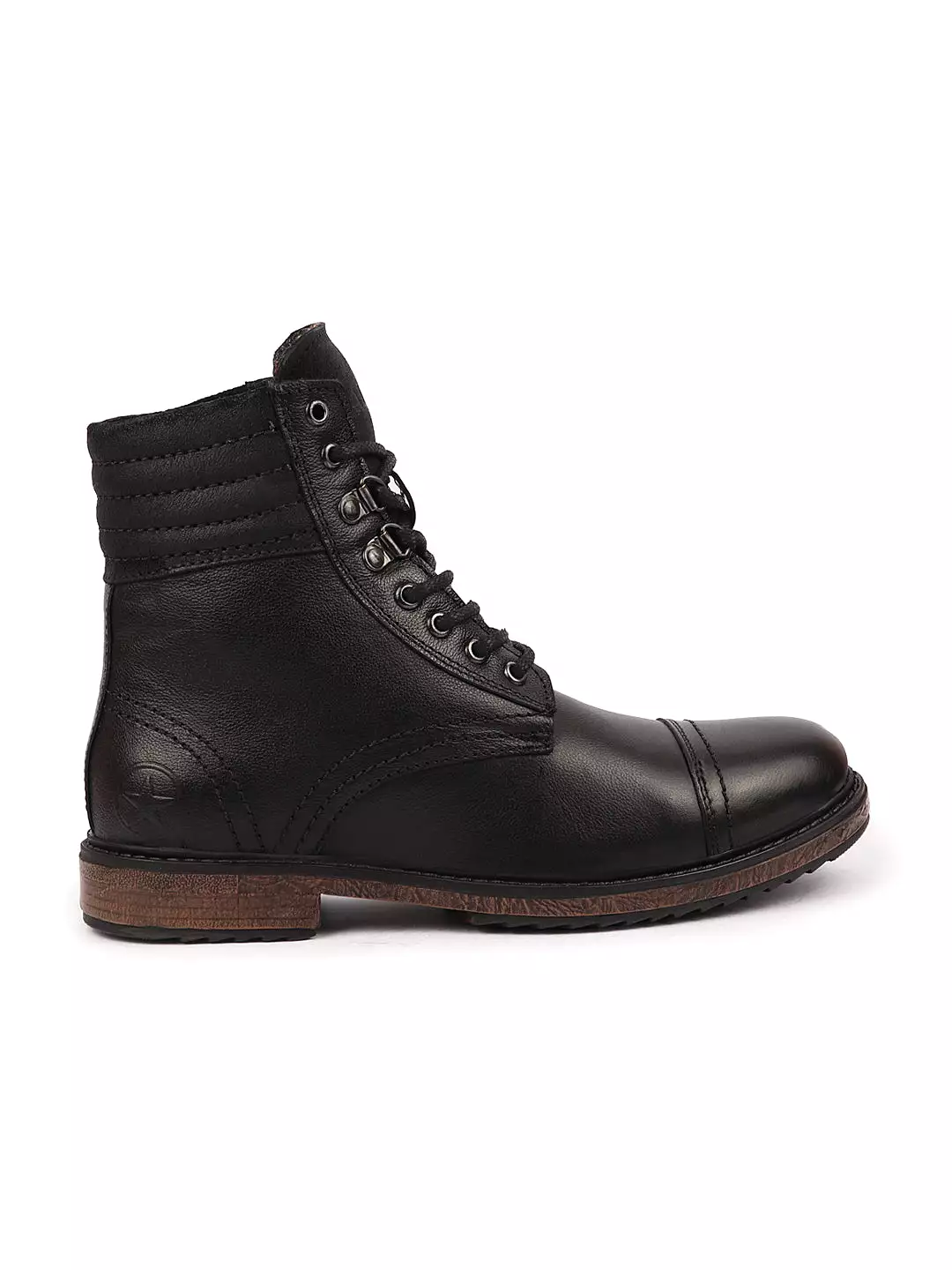 High Ankle Genuine Leather Men's Biker Boots - Black, 8-Eye Lace Up, Cap Toe, Welted Sole, Winter