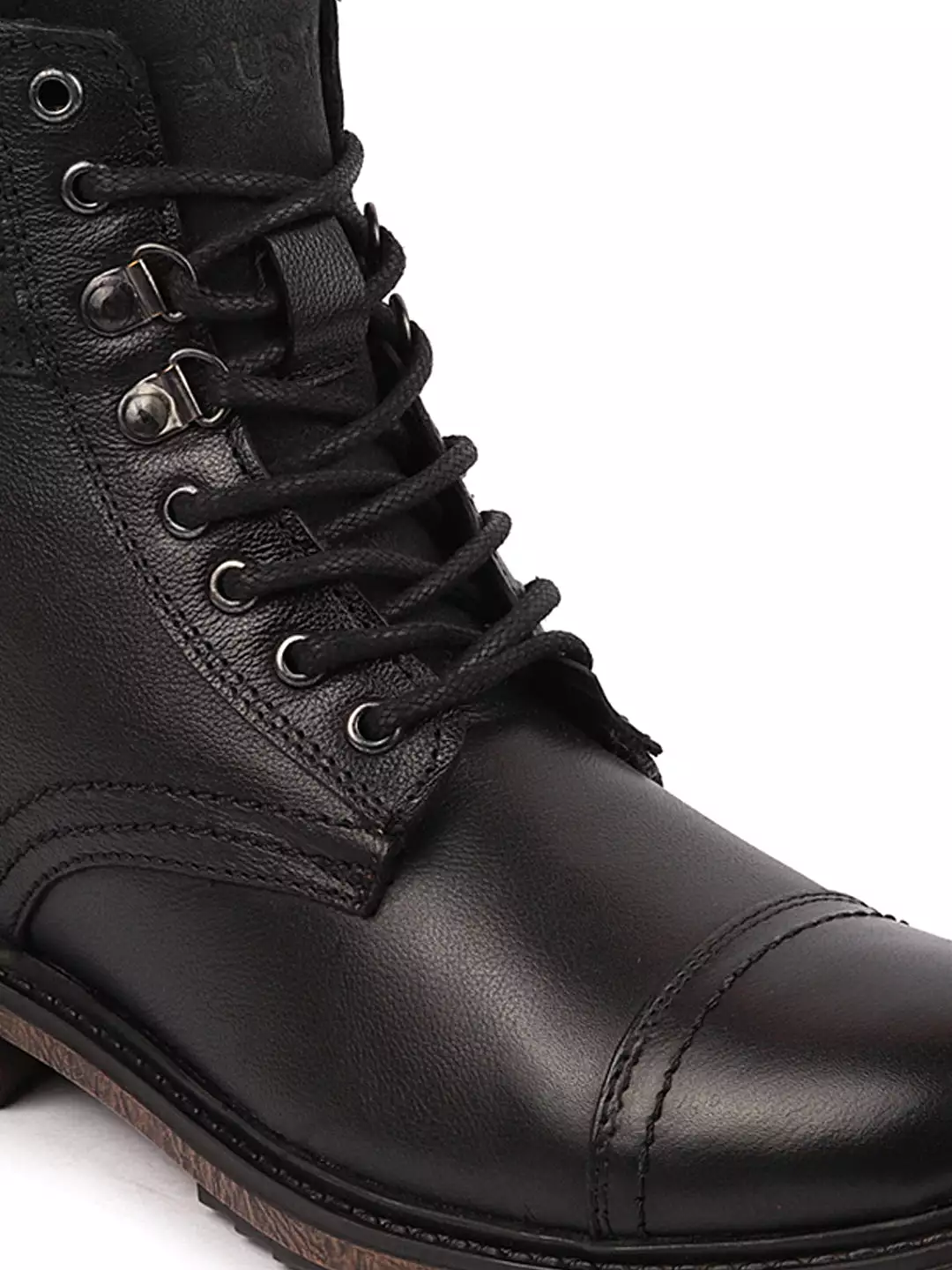 High Ankle Genuine Leather Men's Biker Boots - Black, 8-Eye Lace Up, Cap Toe, Welted Sole, Winter