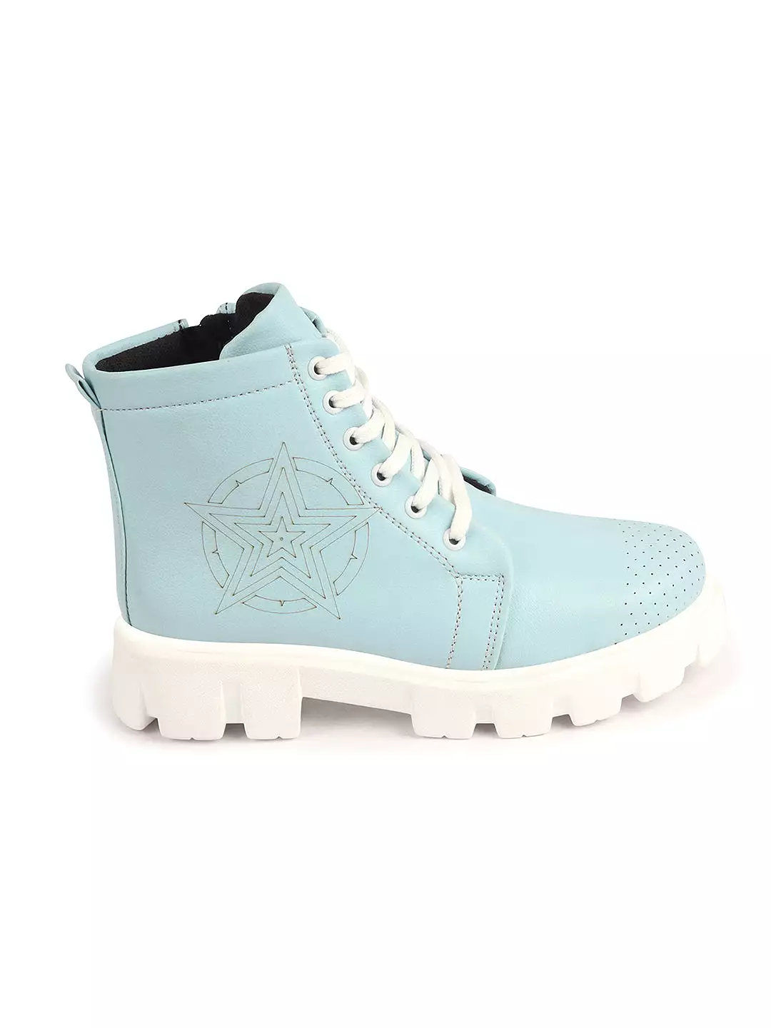 High Top Women's Chunky Lace Up Casual Boots, Sky Blue, Outdoor, Winter