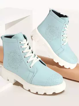 High Top Women's Chunky Lace Up Casual Boots, Sky Blue, Outdoor, Winter