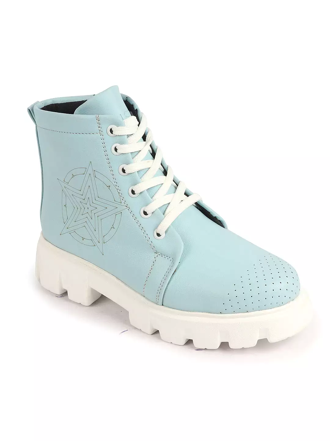 High Top Women's Chunky Lace Up Casual Boots, Sky Blue, Outdoor, Winter