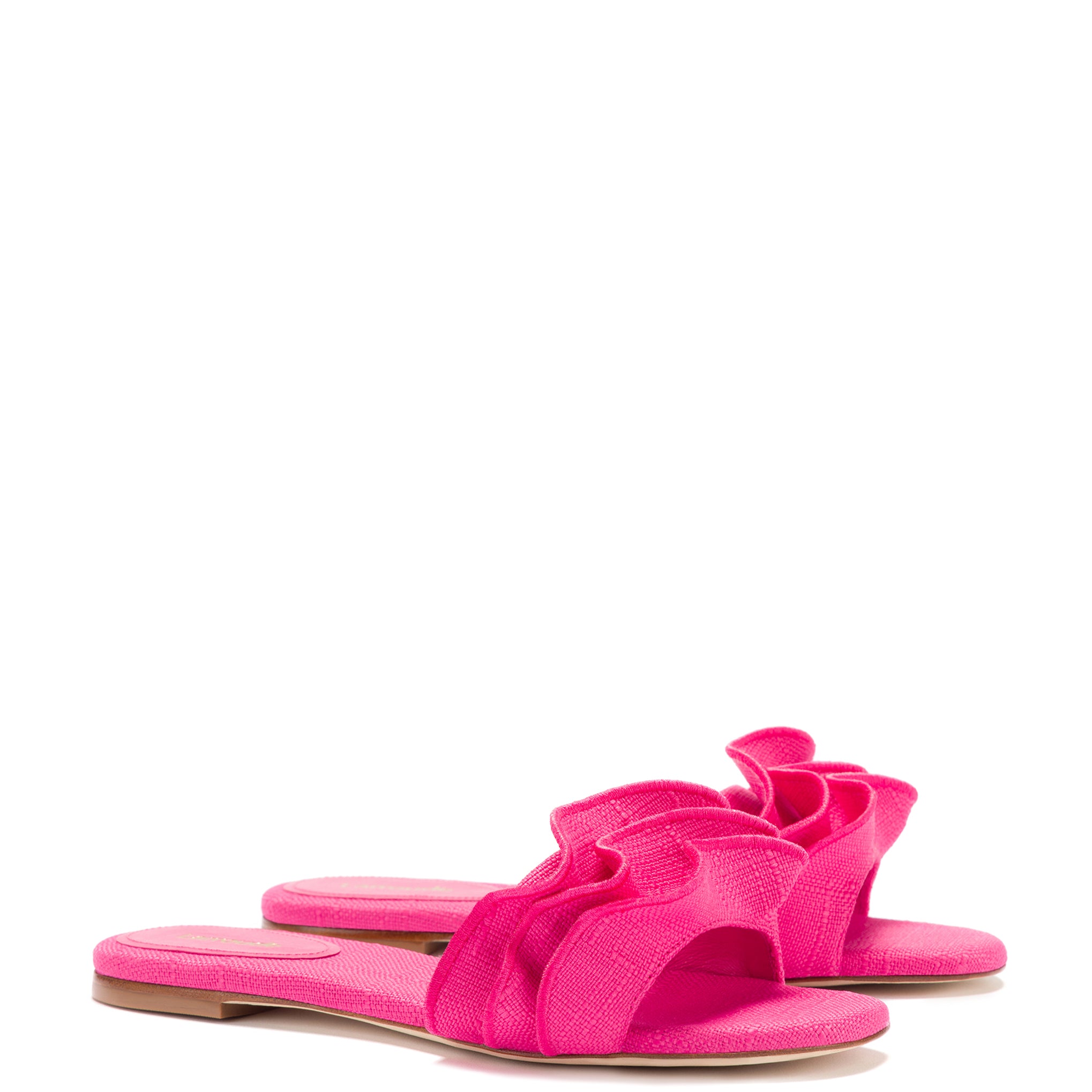 Ivy Ruffle Flat Mule - Pink Raffia | Shop Now