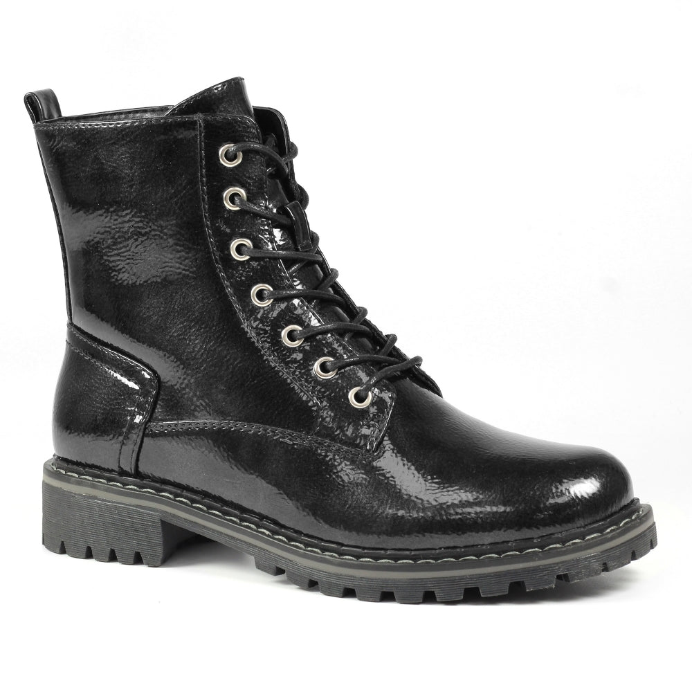 Ladies Black Patent Lunar Boots - Military Style, Laced, Narla Inside Zip - on Sale