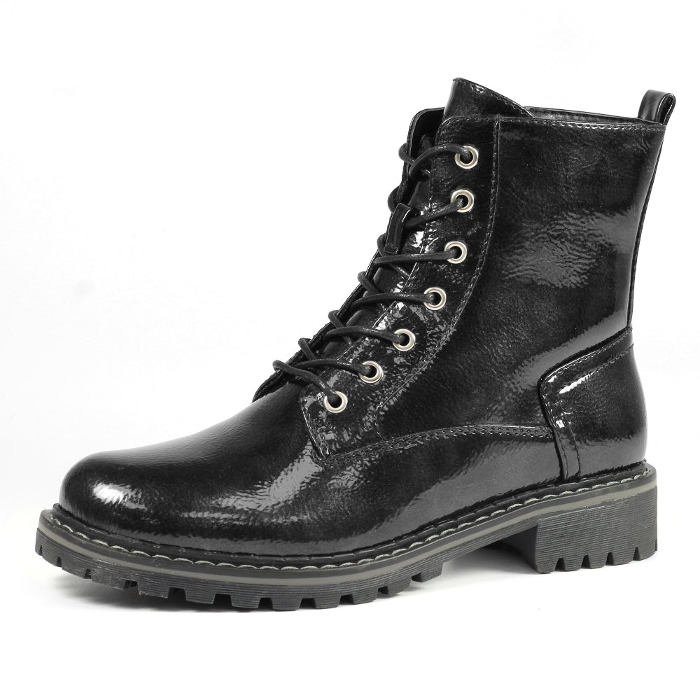 Ladies Black Patent Lunar Boots - Military Style, Laced, Narla Inside Zip - on Sale