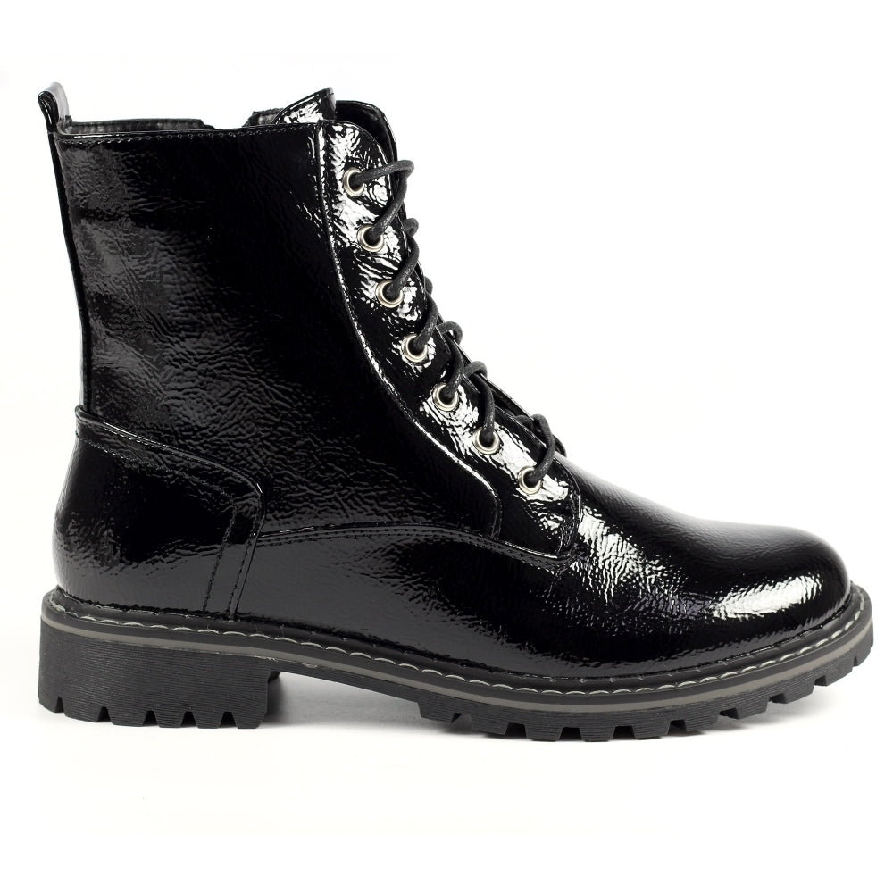 Ladies Black Patent Lunar Boots - Military Style, Laced, Narla Inside Zip - on Sale