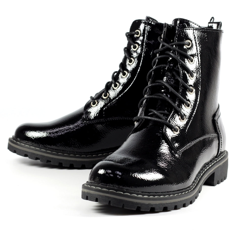 Ladies Black Patent Lunar Boots - Military Style, Laced, Narla Inside Zip - on Sale