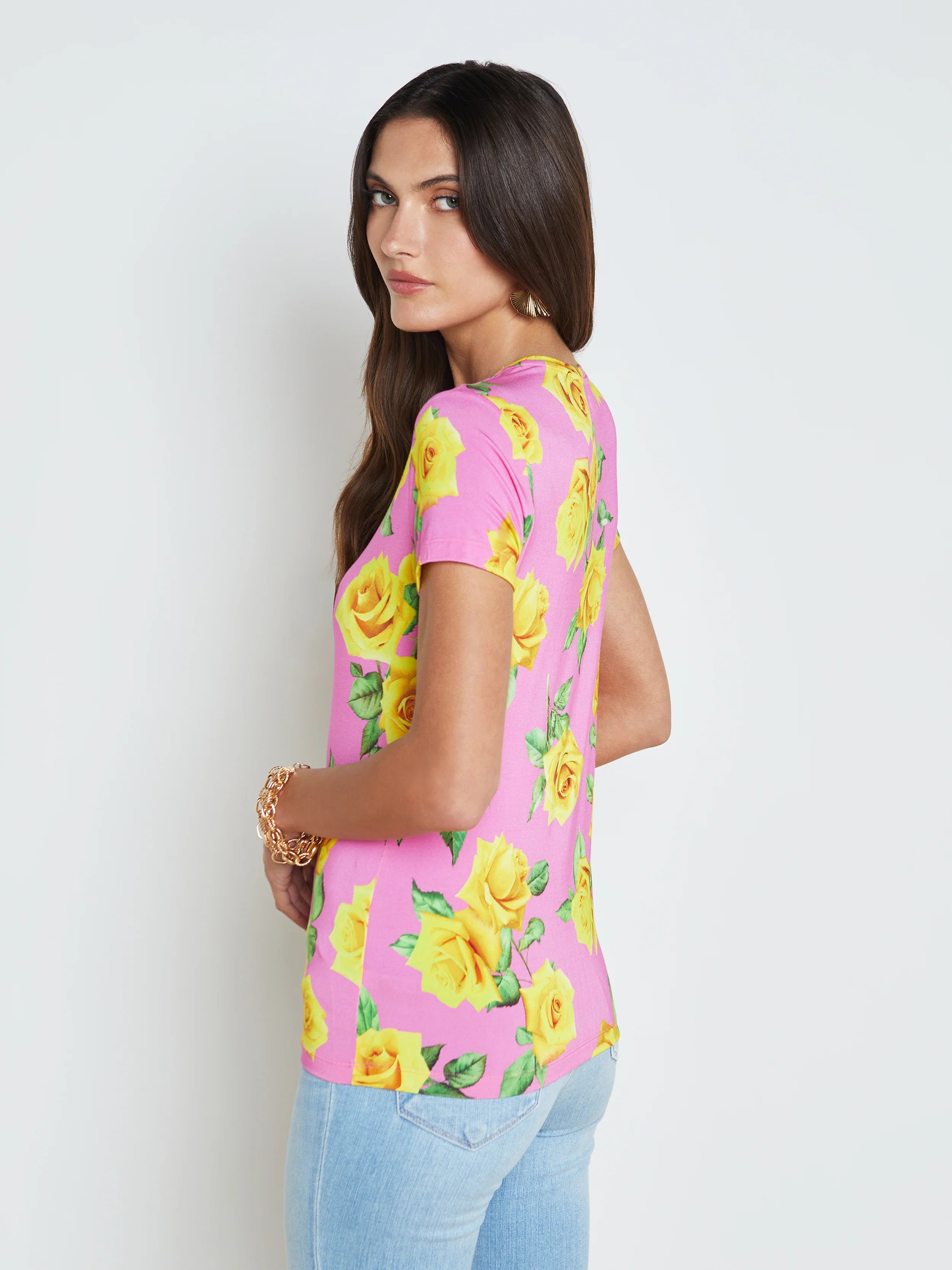 L'agence - Ressi Short Sleeve Fitted T-Shirt - Shocking Pink/Yellow Roses