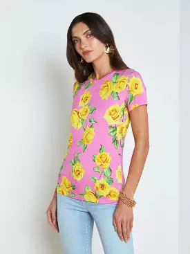 L'agence - Ressi Short Sleeve Fitted T-Shirt - Shocking Pink/Yellow Roses