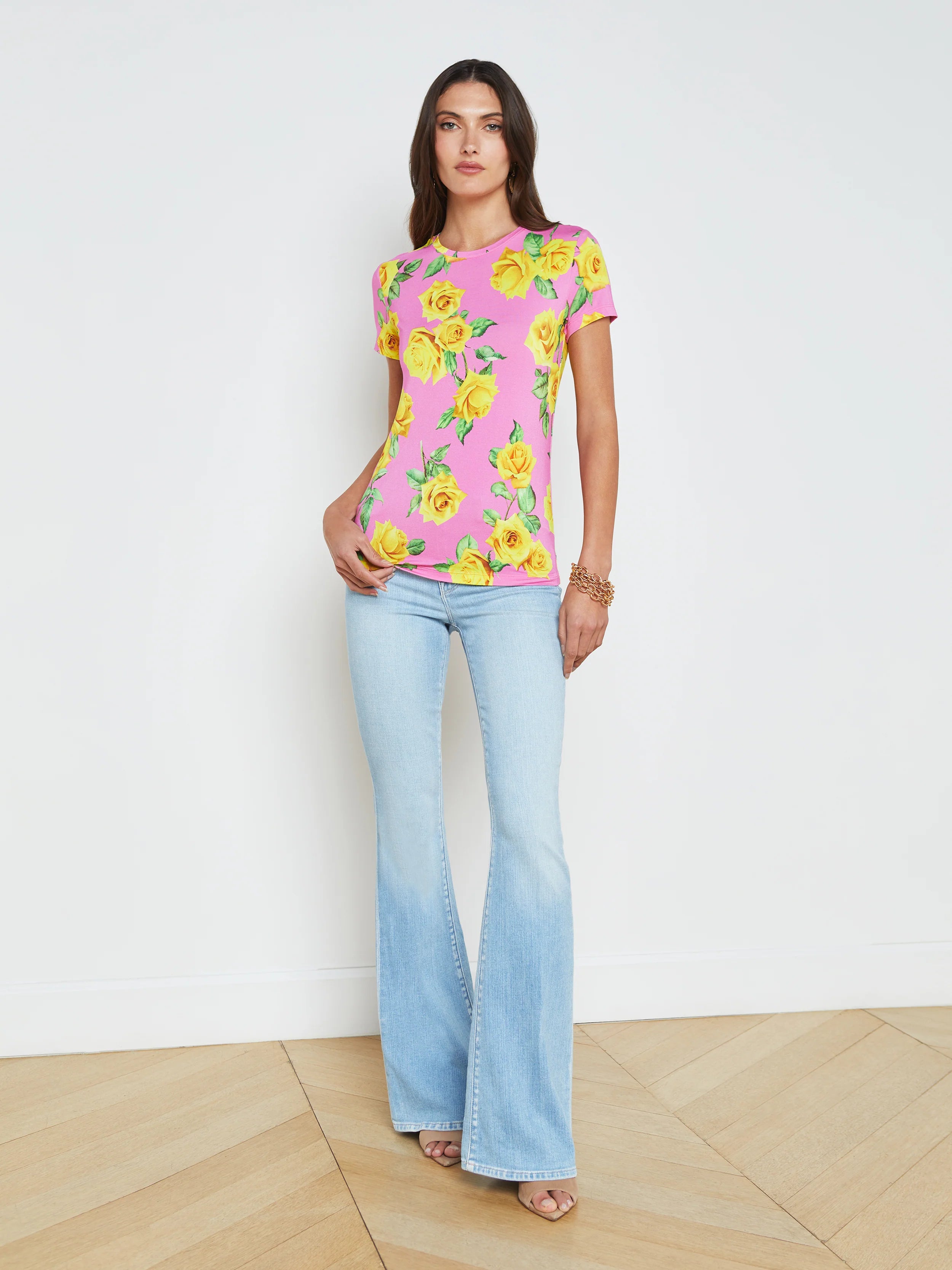 L'agence - Ressi Short Sleeve Fitted T-Shirt - Shocking Pink/Yellow Roses