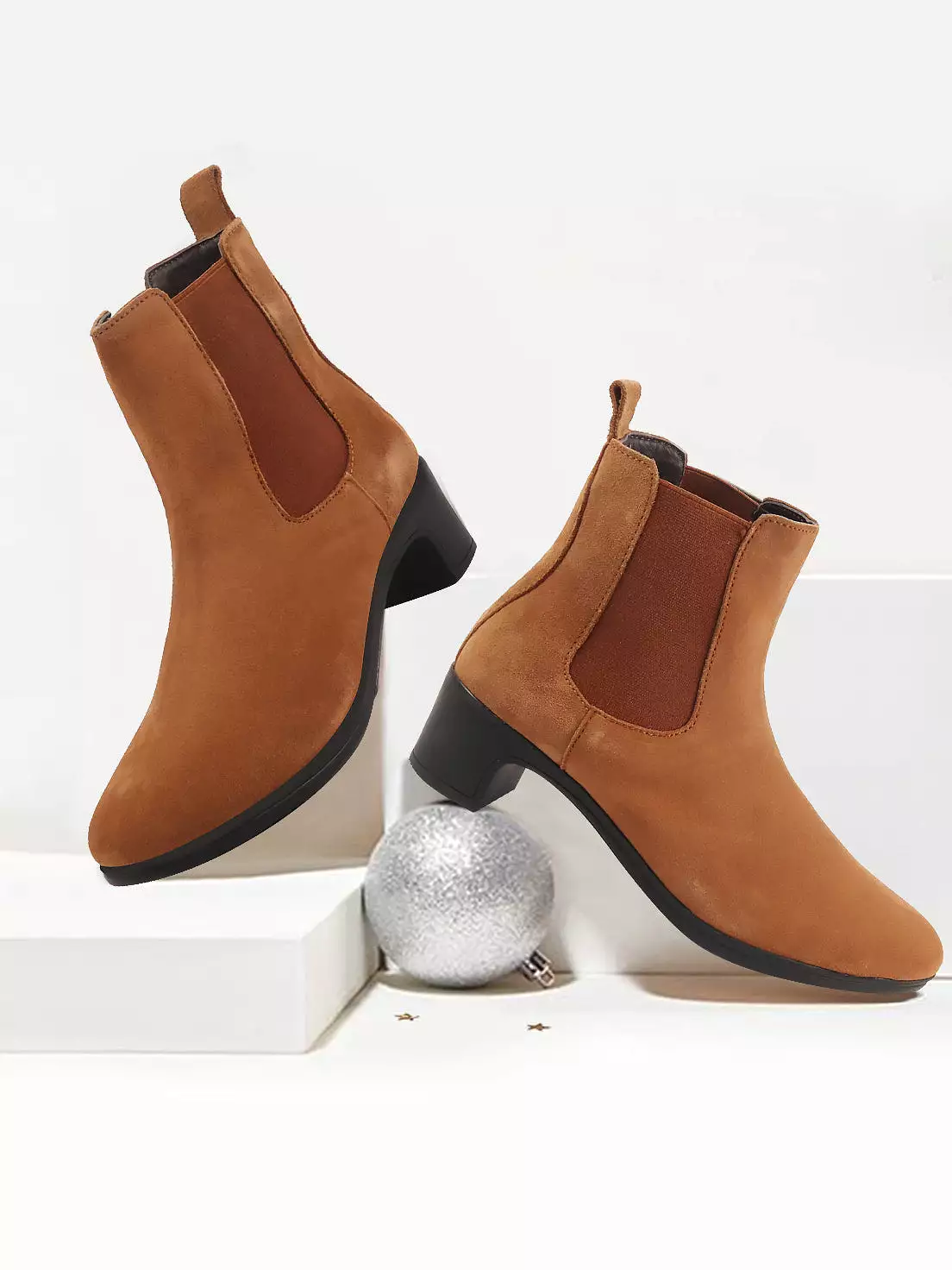 Leather Suede Ankle Boots with Flared Heel for Women.