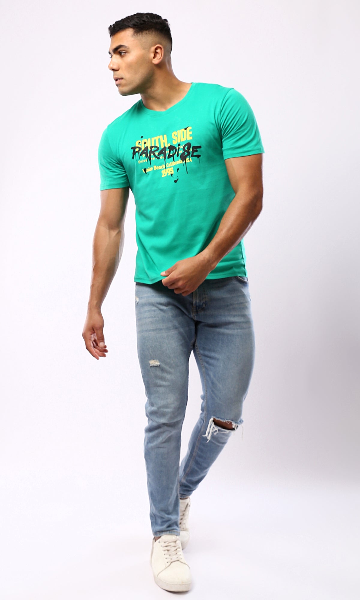 Light Green Cotton Tee - Regular Fit - Slip On