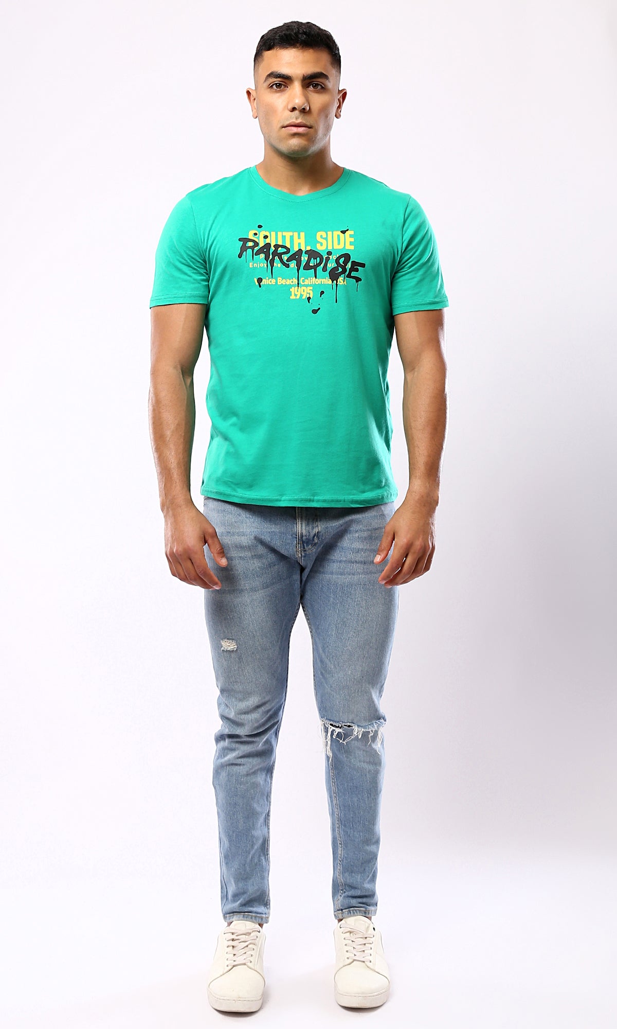 Light Green Cotton Tee - Regular Fit - Slip On