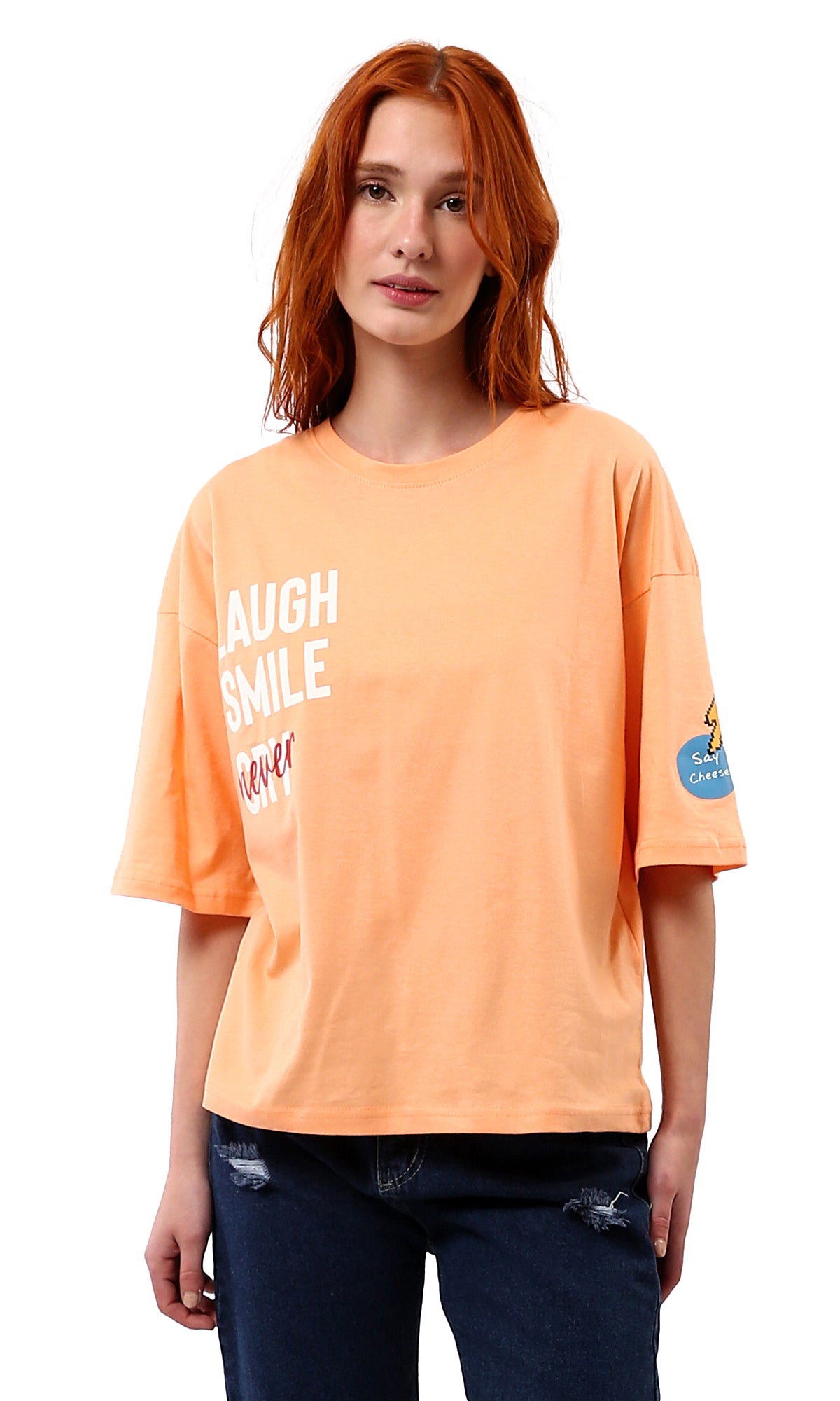 Light Orange Printed Summer Tee - O180443 Crew Neck