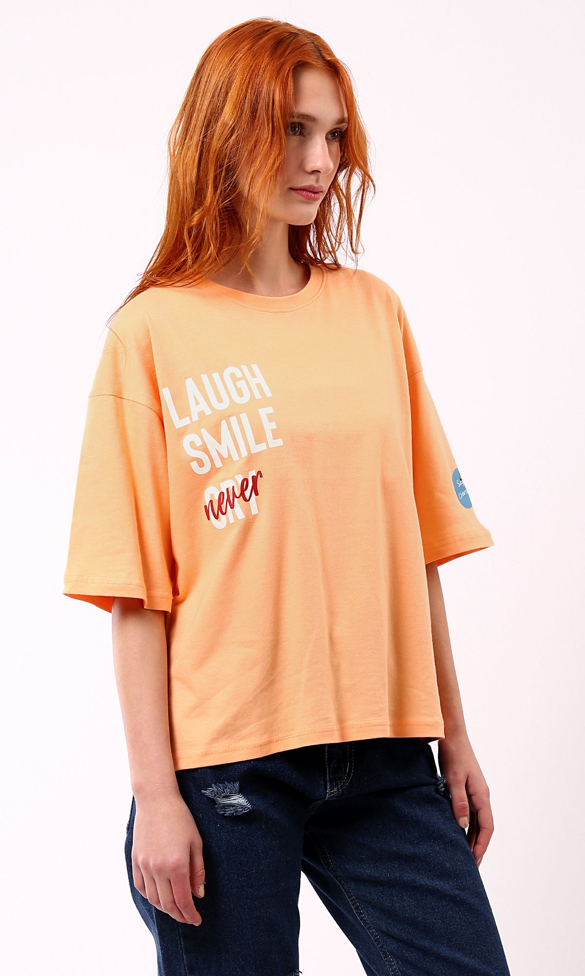 Light Orange Printed Summer Tee - O180443 Crew Neck