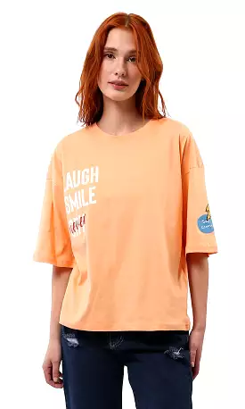 Light Orange Printed Summer Tee - O180443 Crew Neck