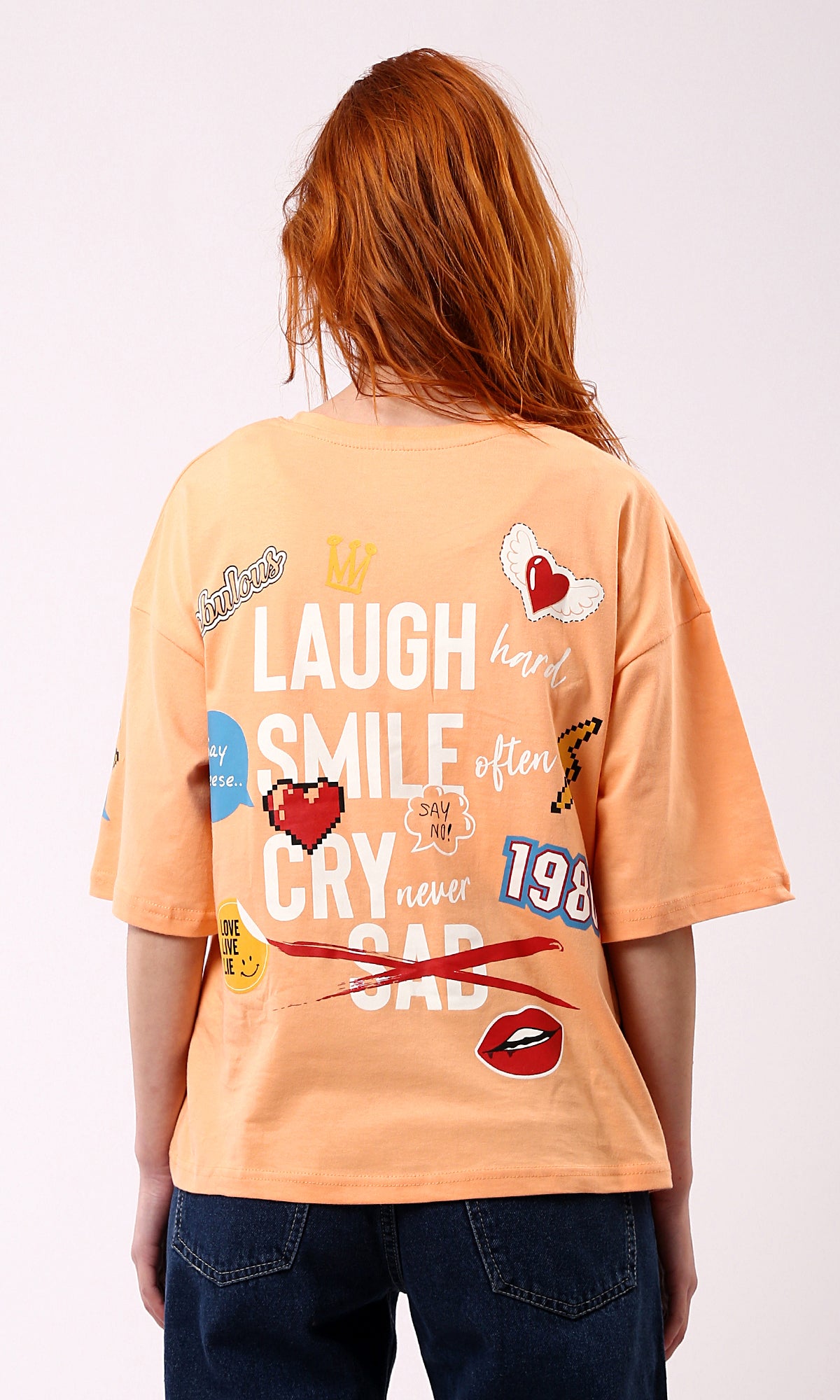 Light Orange Printed Summer Tee - O180443 Crew Neck