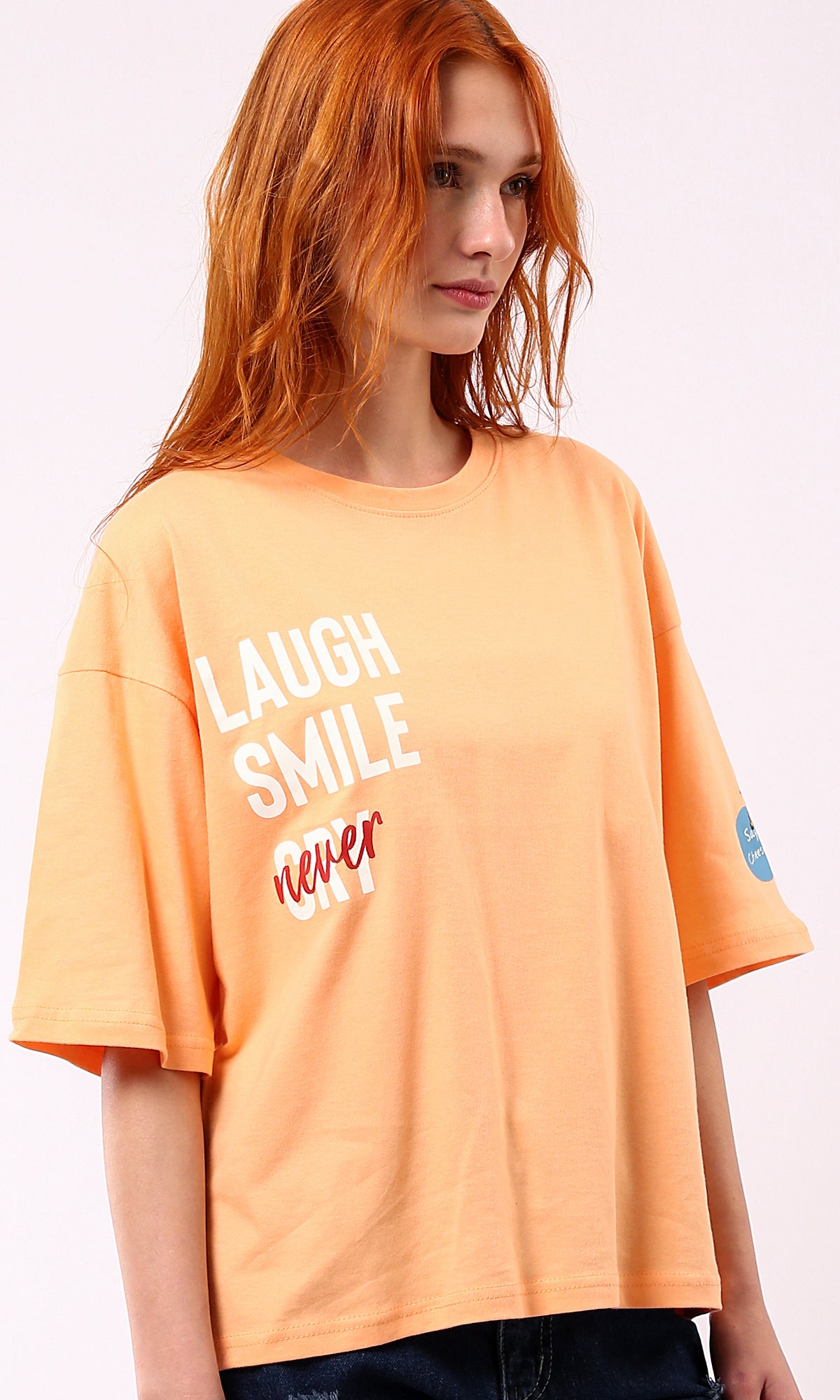 Light Orange Printed Summer Tee - O180443 Crew Neck