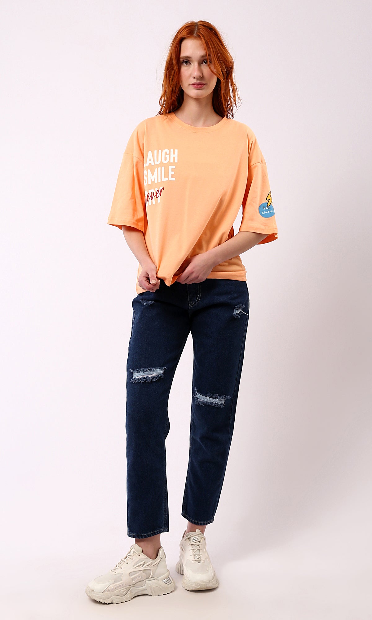 Light Orange Printed Summer Tee - O180443 Crew Neck