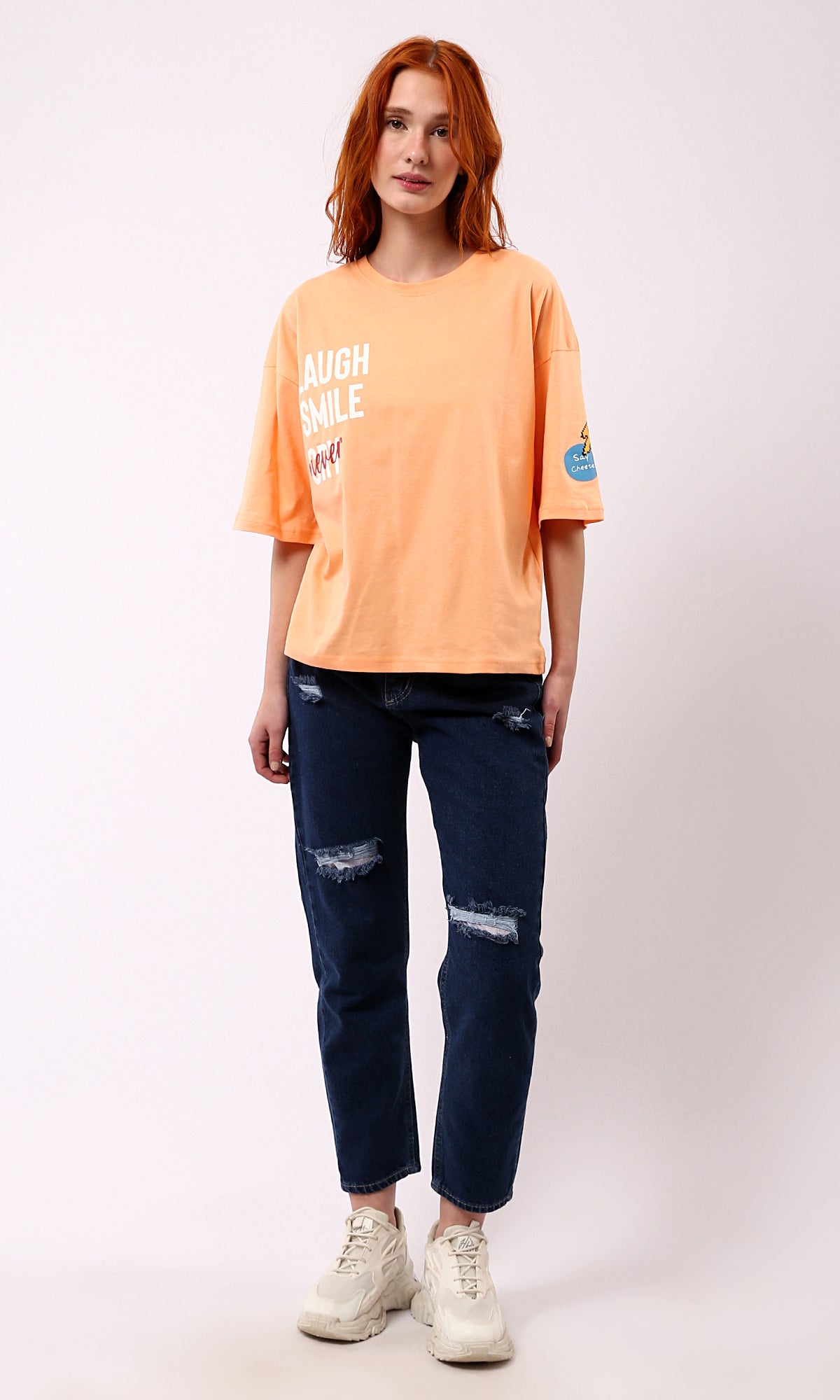 Light Orange Printed Summer Tee - O180443 Crew Neck