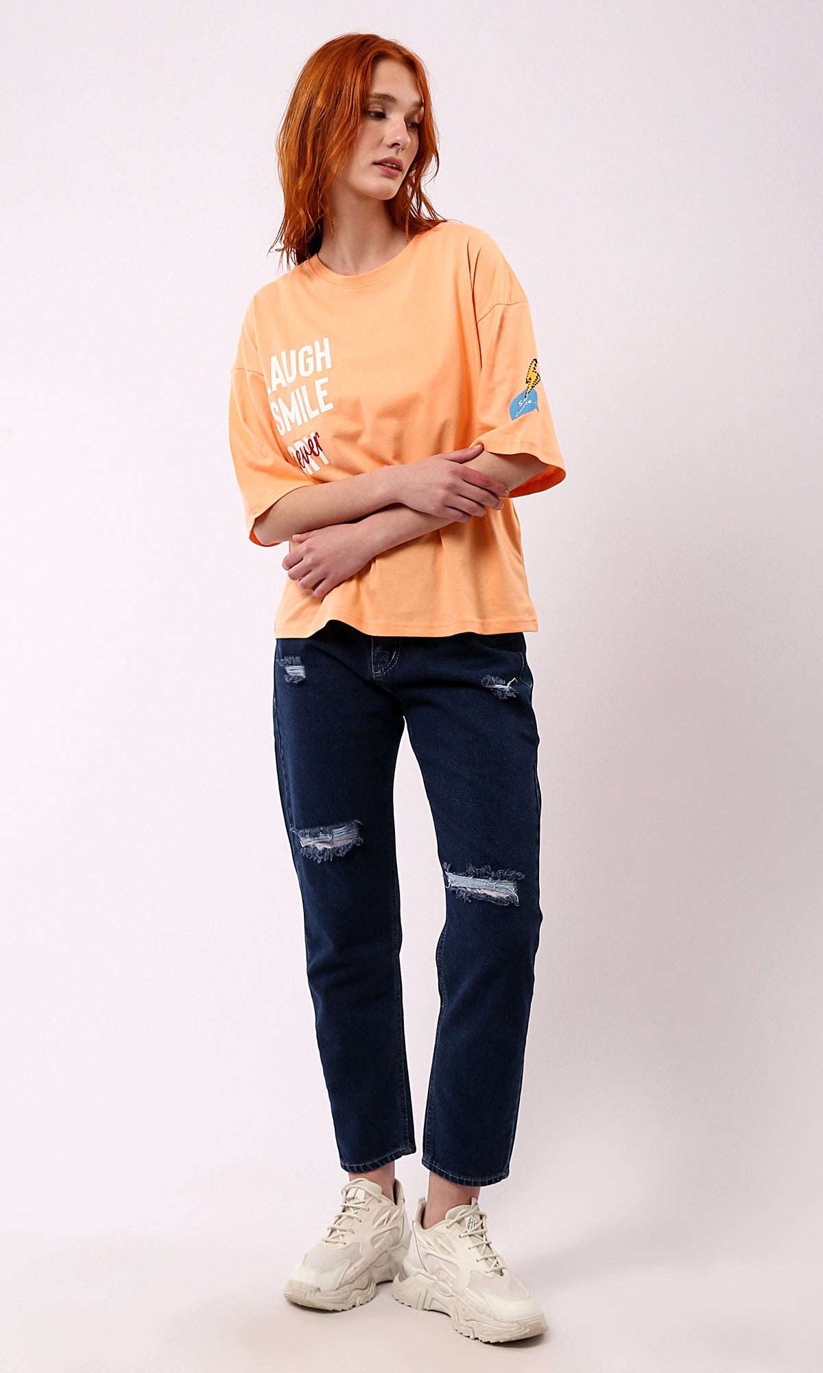 Light Orange Printed Summer Tee - O180443 Crew Neck