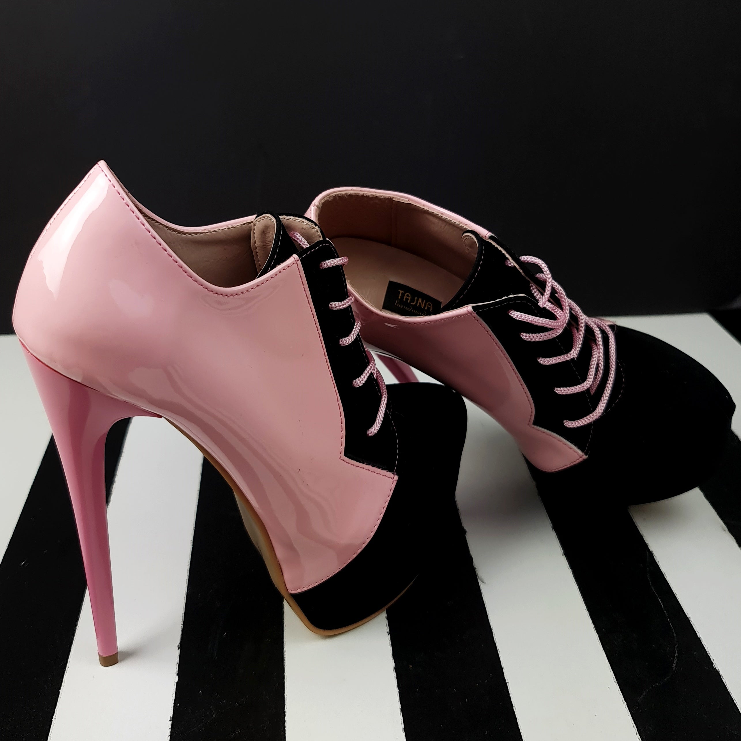 Light Pink Black Oxford Lace Up Ankle Cut Heels for sale online.