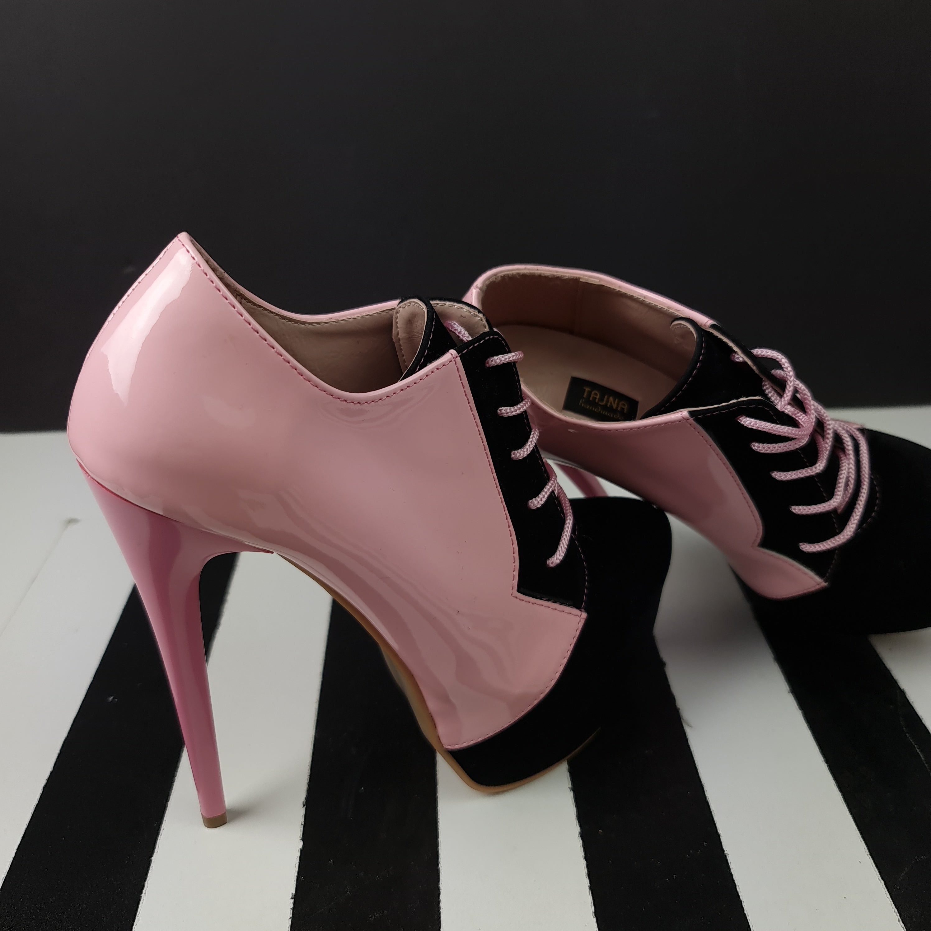 Light Pink Black Oxford Lace Up Ankle Cut Heels for sale online.