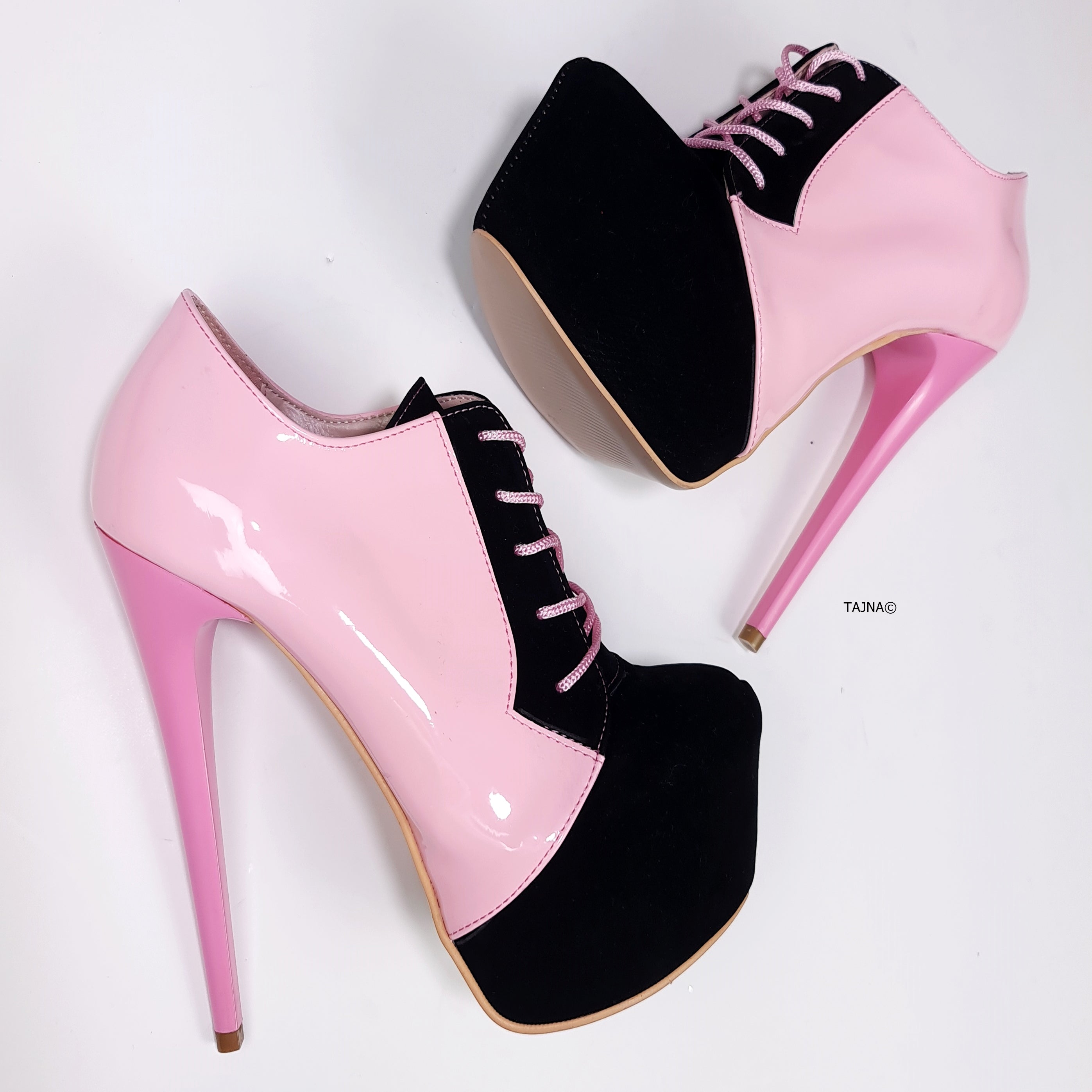 Light Pink Black Oxford Lace Up Ankle Cut Heels for sale online.