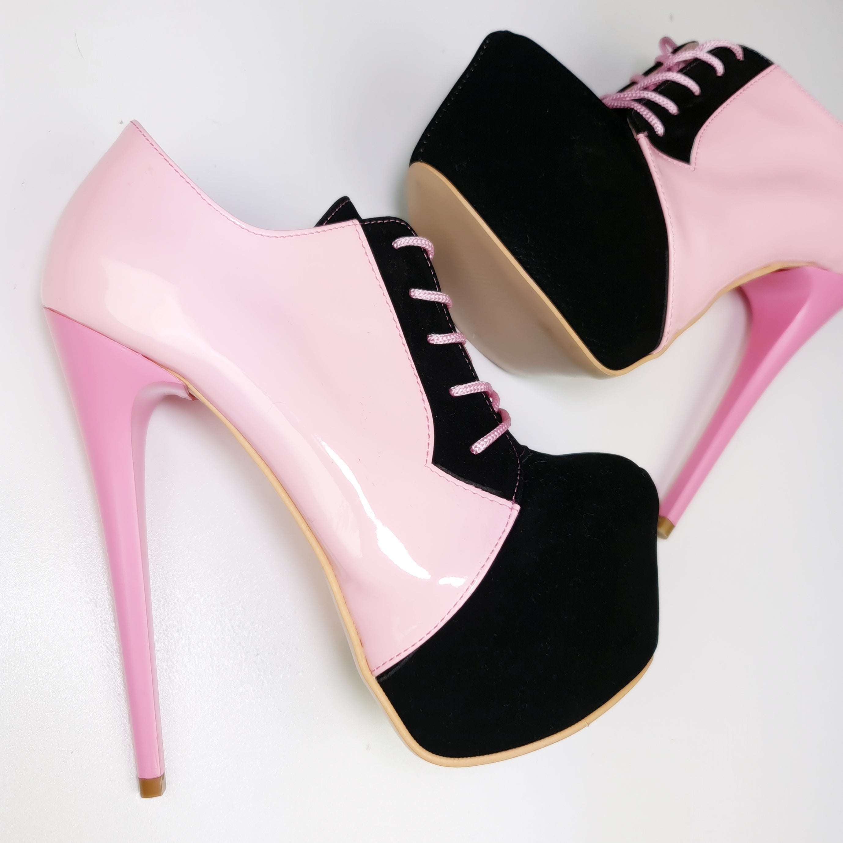 Light Pink Black Oxford Lace Up Ankle Cut Heels for sale online.